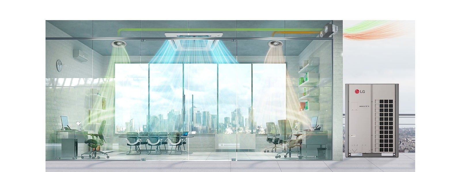 An office with an LG air conditioning system in the ceiling showing airflow. The LG Multi V 5 unit is on the right.